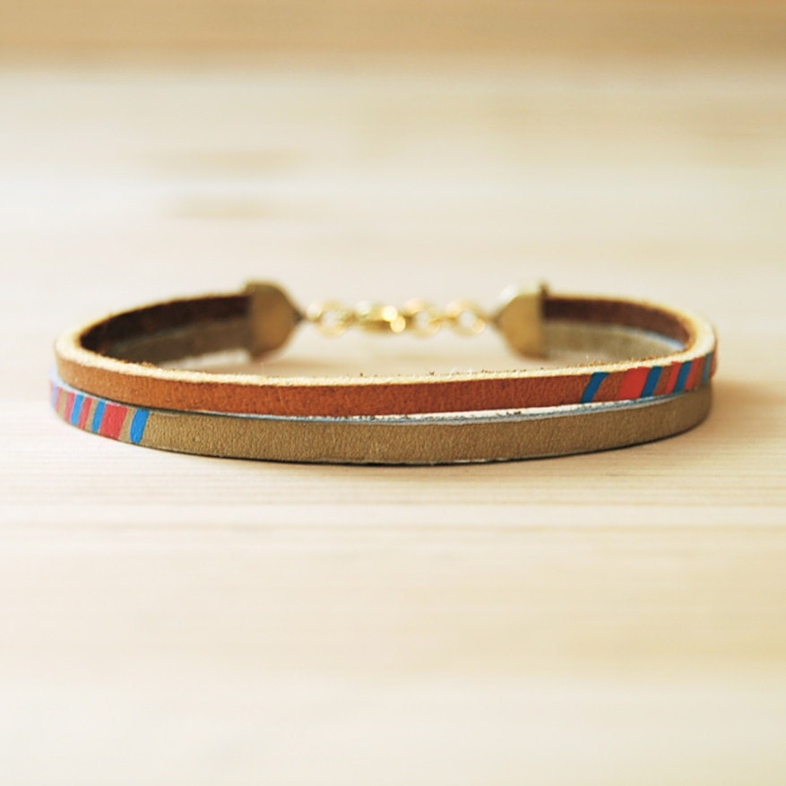 Leather Bracelet in Tan with Pink and Blue, "The Pecos Handpainted"