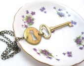 Under Lock and Key - long antique necklace with vintage keyhole and key