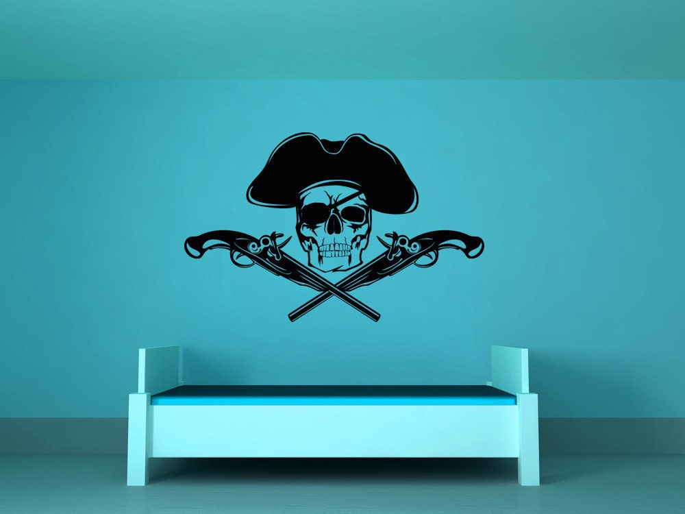 Pirate Skull, Crossed Pistols - Decal, Sticker, Vinyl, Wall, Home, Kid's, Boy's Bedroom, Nautical Decor