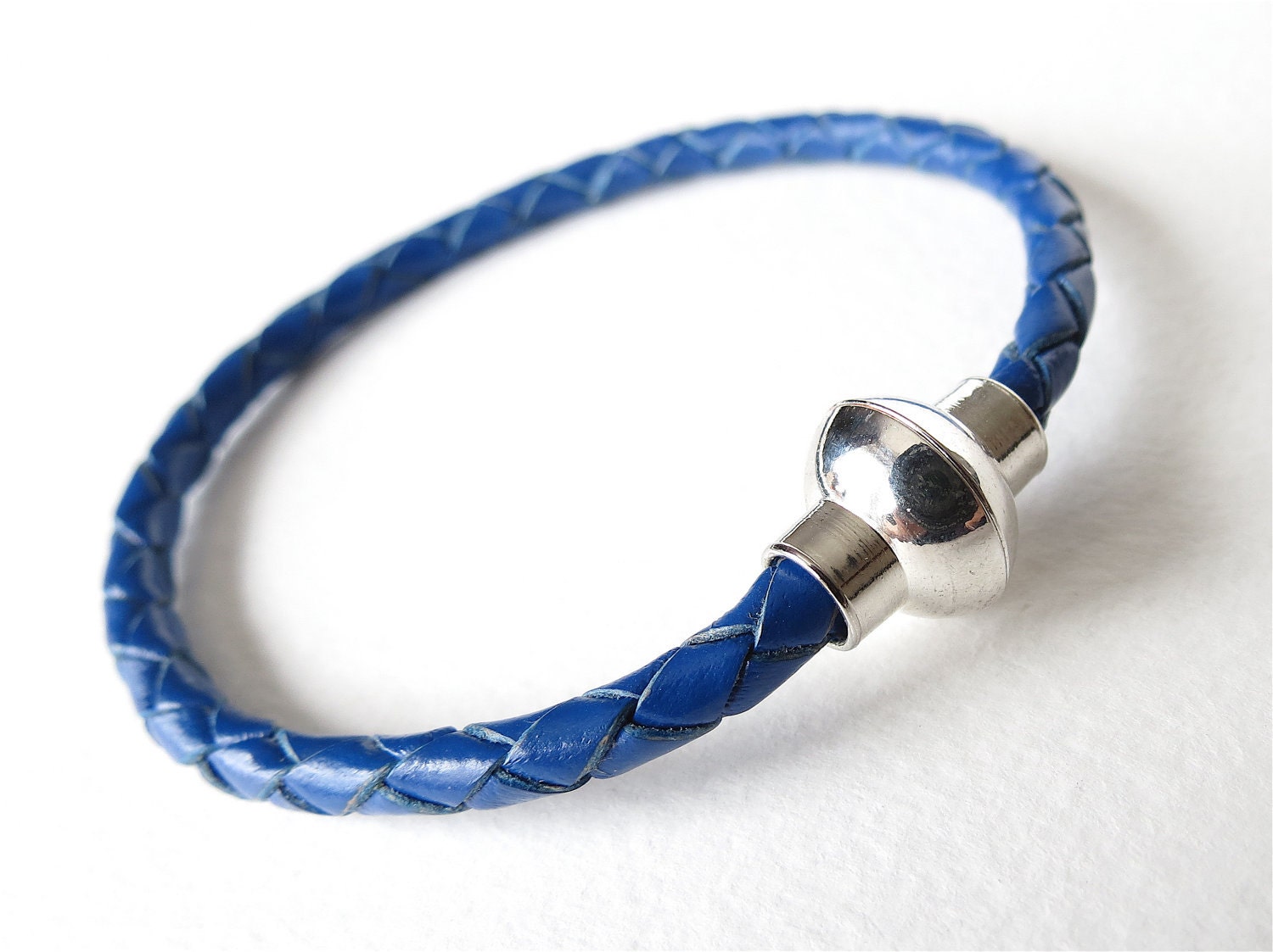 Cobalt blue braided leather bangle with silver plated magnetic clasp, summer fashion, single leather wrap, beach bracelet