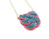 SALE 20% OFF - Coral and Teal Big Knot Necklace - Nylon Cords - Golden Chain - Knotted Rope Jewelry - Nautical Style