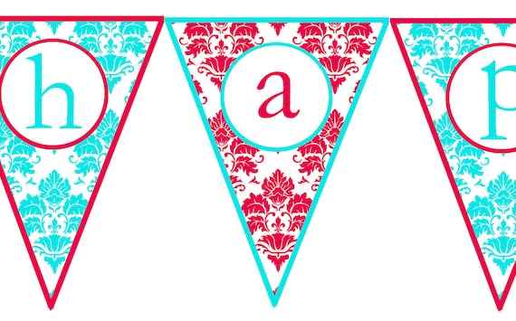 Instant Download Red & Aqua Damask Printable Happy Birthday Banner Il_570xn