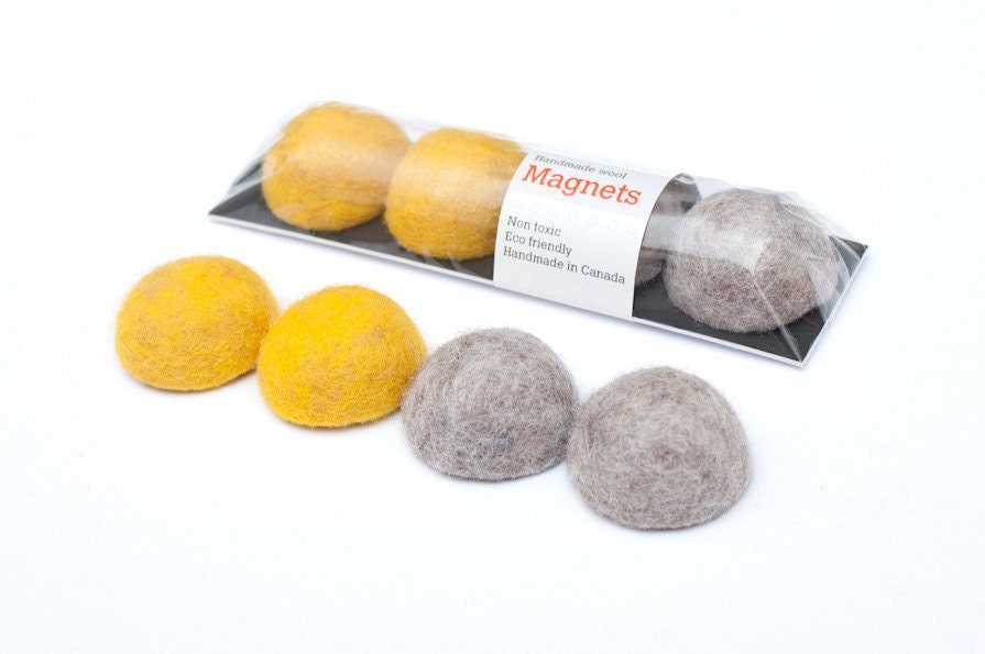 Modern Fridge Magnets Felted Wool, Yellow and Gray, Set of 4