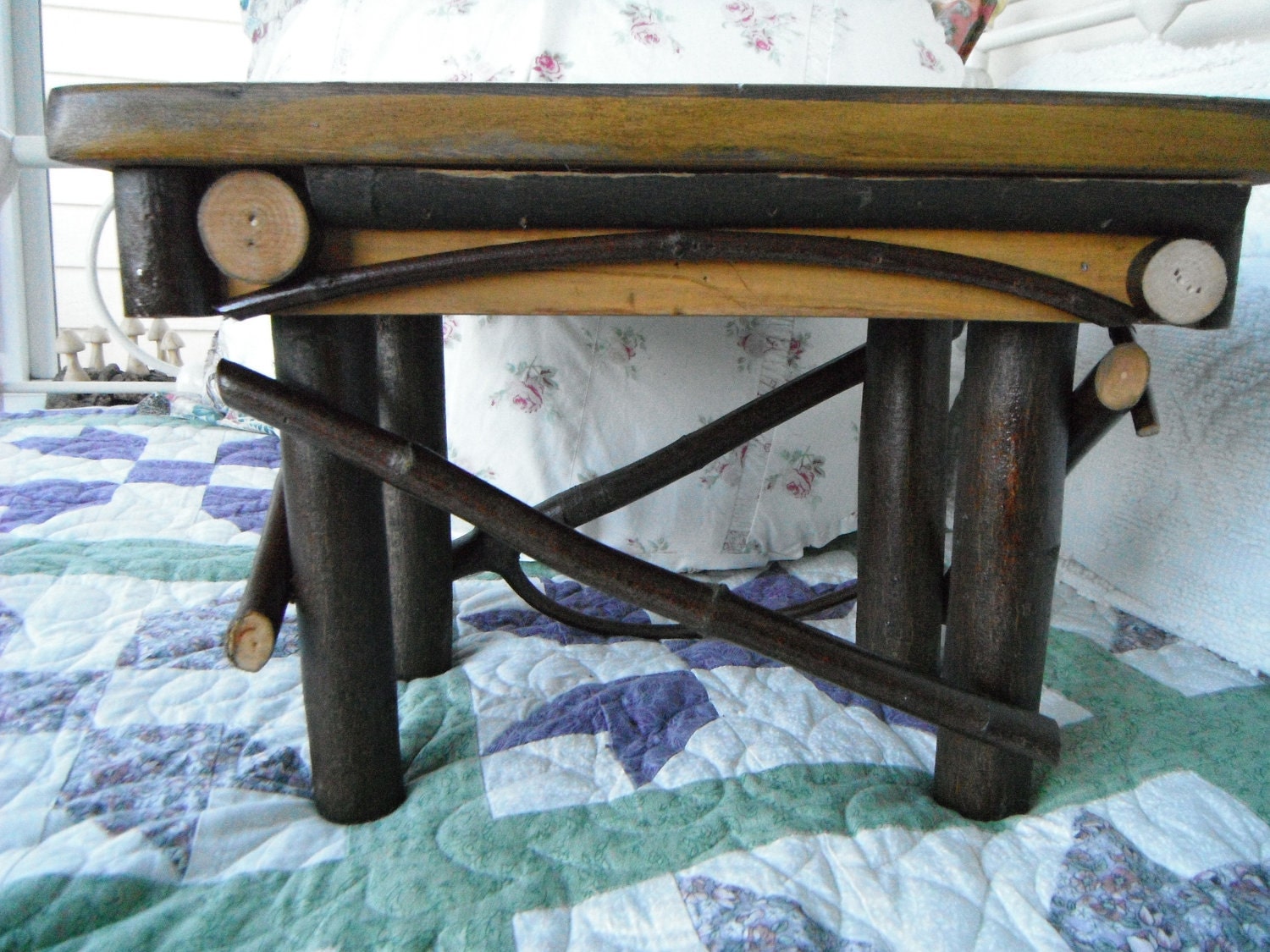 Furniture Rustic Twig Footstool Primitive  Mustard Yellow Maple Hardwood Folk Art Country Handmade Home decor Home Accessory
