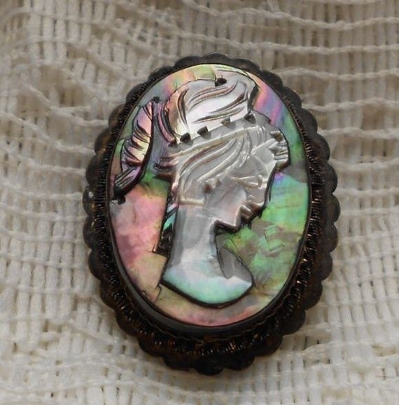 Antique Abalone Cameo Carved Shell Brooch Pendant Free US Shipping