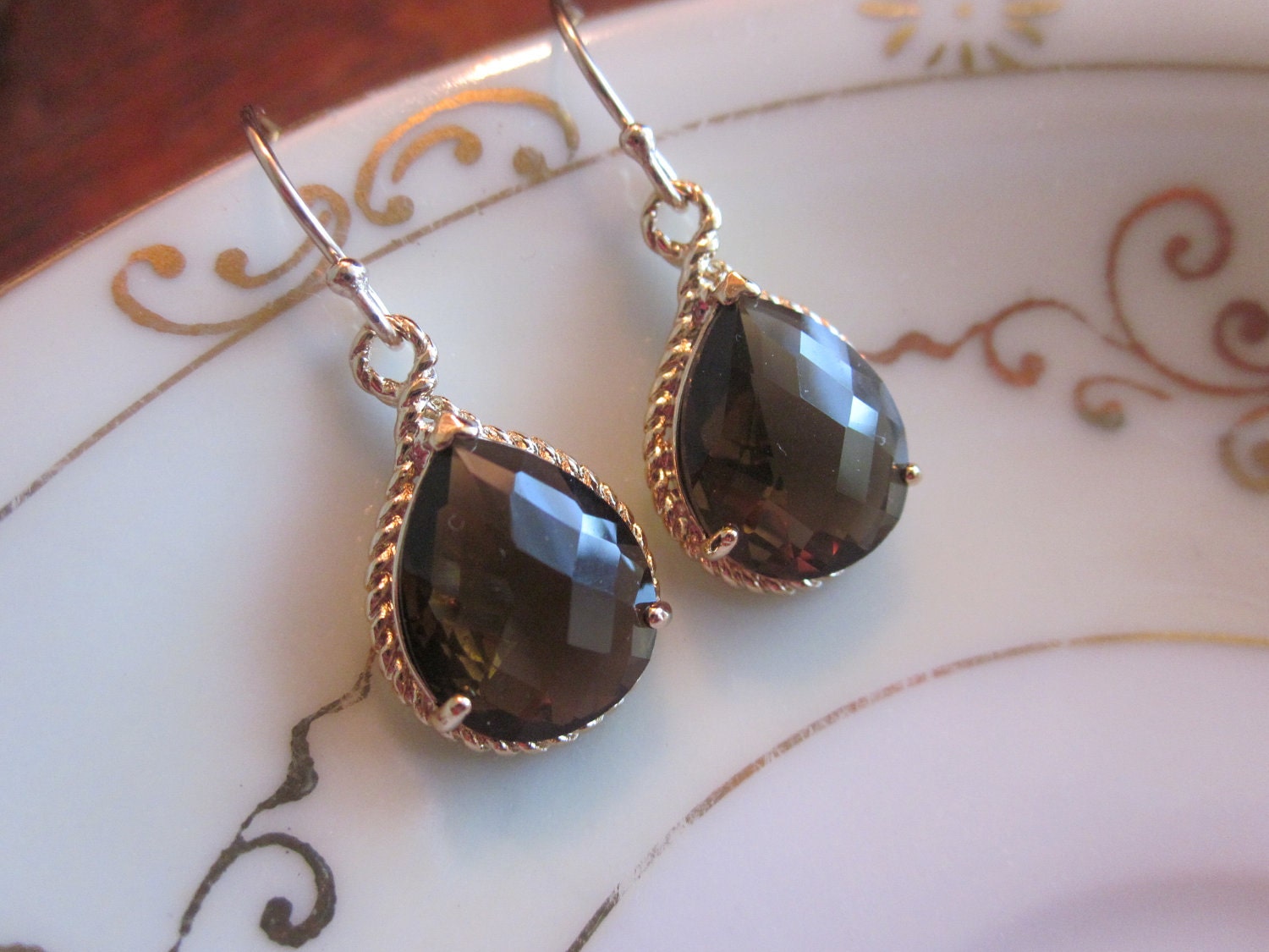 Smoky Brown Earrings Gold Teardrop Bridesmaid Earrings - Bridal Earrings - Wedding Jewelry