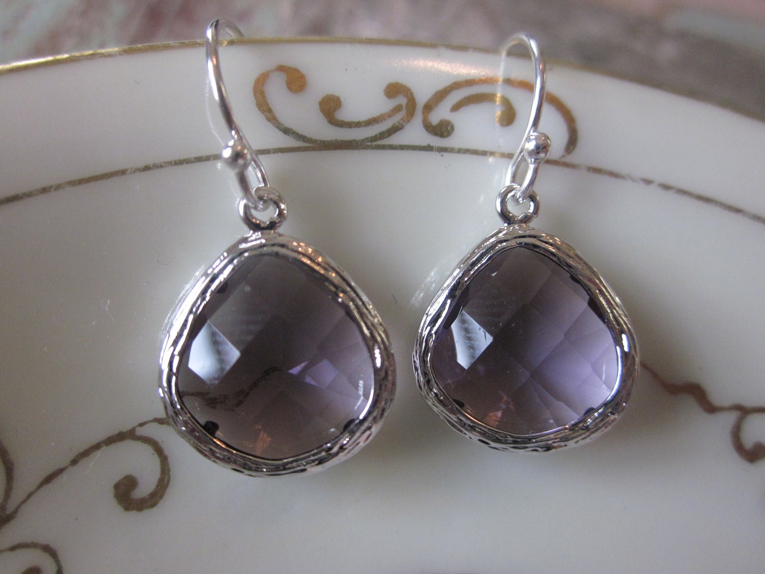 Amethyst Earrings Silver Plated Purple Glass - Bridesmaid Earrings - Bridal Earrings - Wedding Earrings
