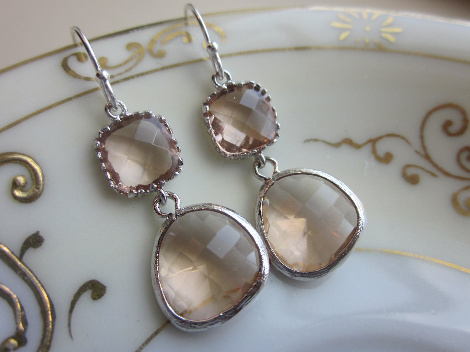 Champagne Peach Earrings Pink Silver Two Tier - Bridesmaid Earrings - Wedding Earrings - Christmas Gift