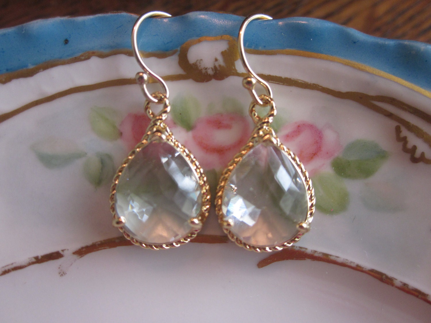 Gold Crystal Earrings Clear - Teardrop Earrings - Bridesmaid Earrings - Bridal Earrings - Wedding Jewelry - Christmas Gift