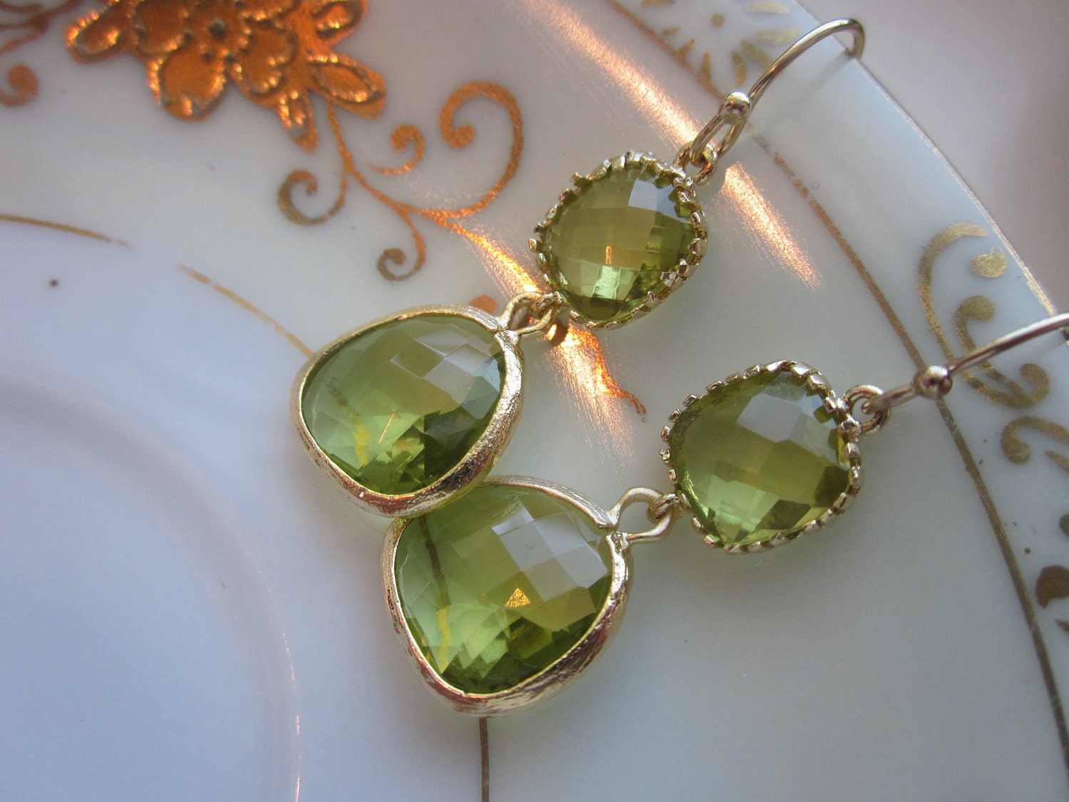 Peridot Earrings Green Apple Two Tier Gold Plated - Bridesmaid Earrings Wedding Earrings Christmas Gift