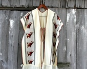 Vintage Women's 1970s Earth Tone Bird Shawl Outerwear Jacket Wrap Sweater Fringe