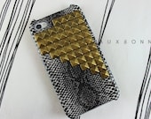 FREE Shipping US -- Brass Studs Black Snake Print iPhone 4 4S Studded Phone Case AT&T Verizon Sprint
