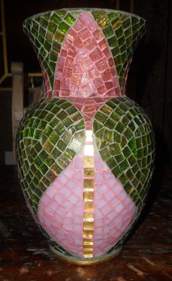 Byzantine glass mosaic vase, pink , green and 24k gold venetian glass, romantic lighting tea light holder