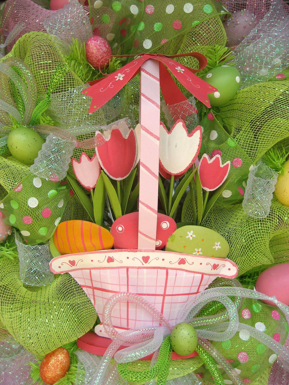 Deco Mesh EASTER WREATH with BASKET of Tulips