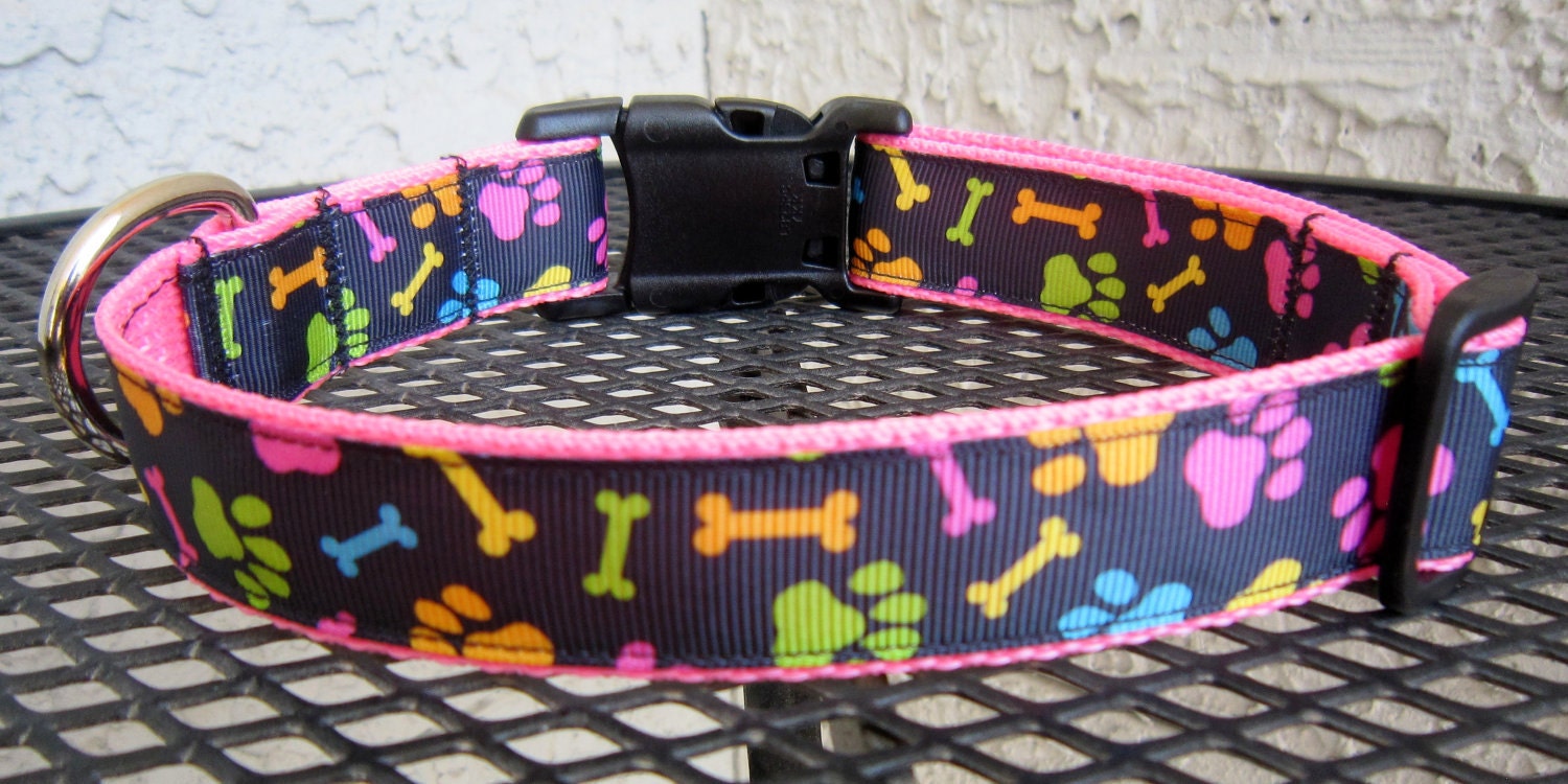 Bright Color Bones and Paws on Pink Adjustable Collar