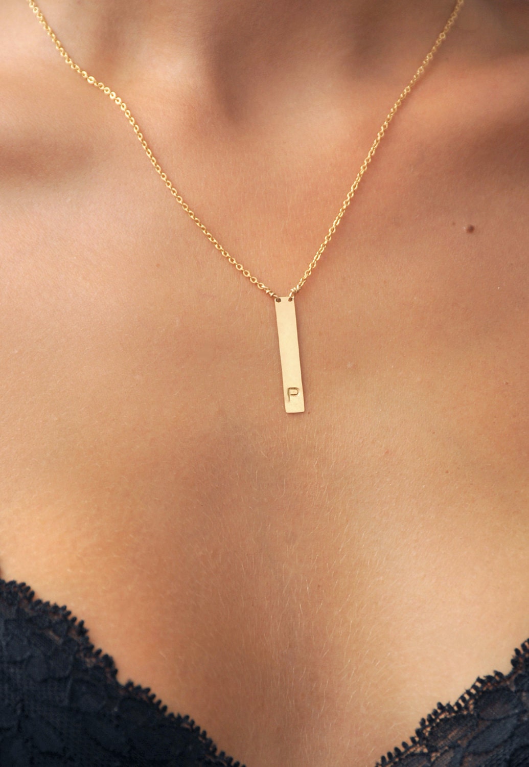 Rectangle Gold Bar stamped letter Initial necklace. 14kt gold filled