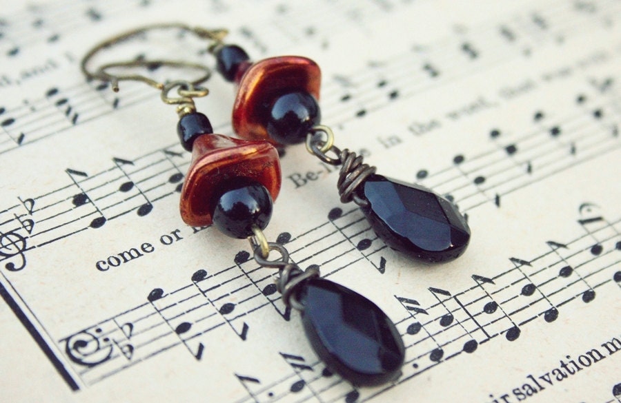 SALE Black Onyx and Pumpkin Flower Earrings Autumn Halloween