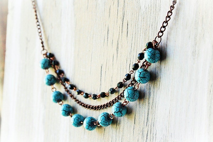 Crackled Turquoise Czech Glass and Antiqued Copper Beaded Bib Necklace