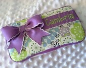 Custom Lime Green, Aqua, Lavender and Black Floral Design with a Bow and Name Embroidered White Background Boutique Diaper Baby Wipes Case