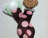 Brown with Pink Polka Dots and Girl Monkey with Bow Applique Hiding Clip Pacifier Clip Paci Clip Soothie Clip Binky Clip