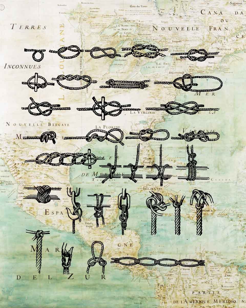 Nautical Marine Knots Print on antique map of East Coast America Nautical art prints, sailor decor Sea Map Art