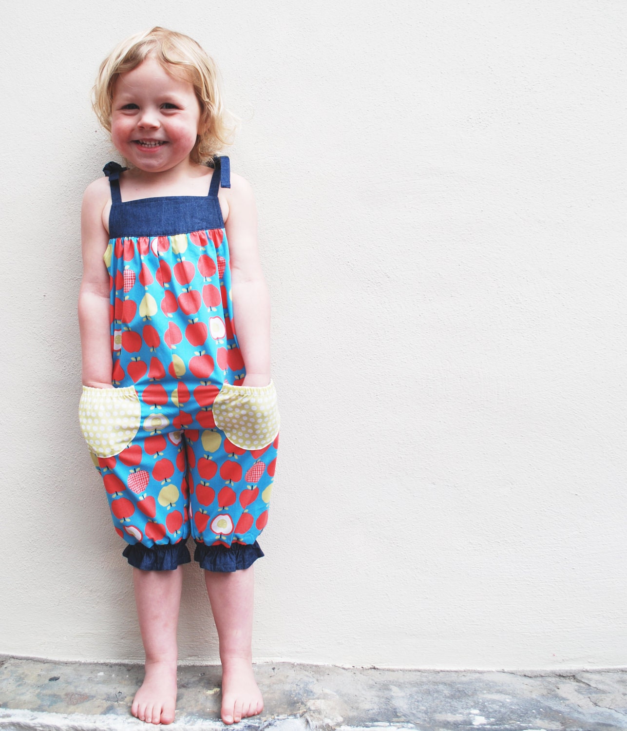 Apple print organic little girls romper- dungaree-jumper