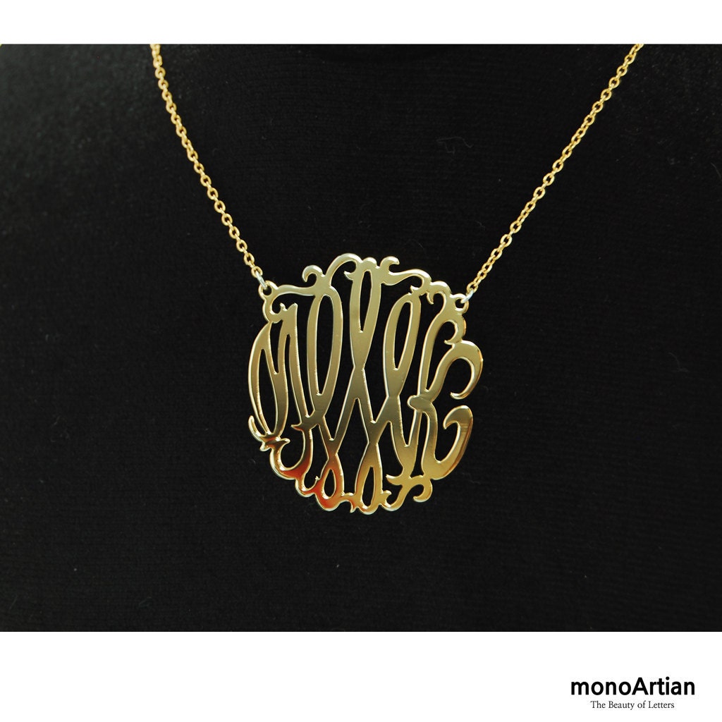 Monogram Necklace 1.25inch Sterling silver Personalized Necklace-Gold Tone