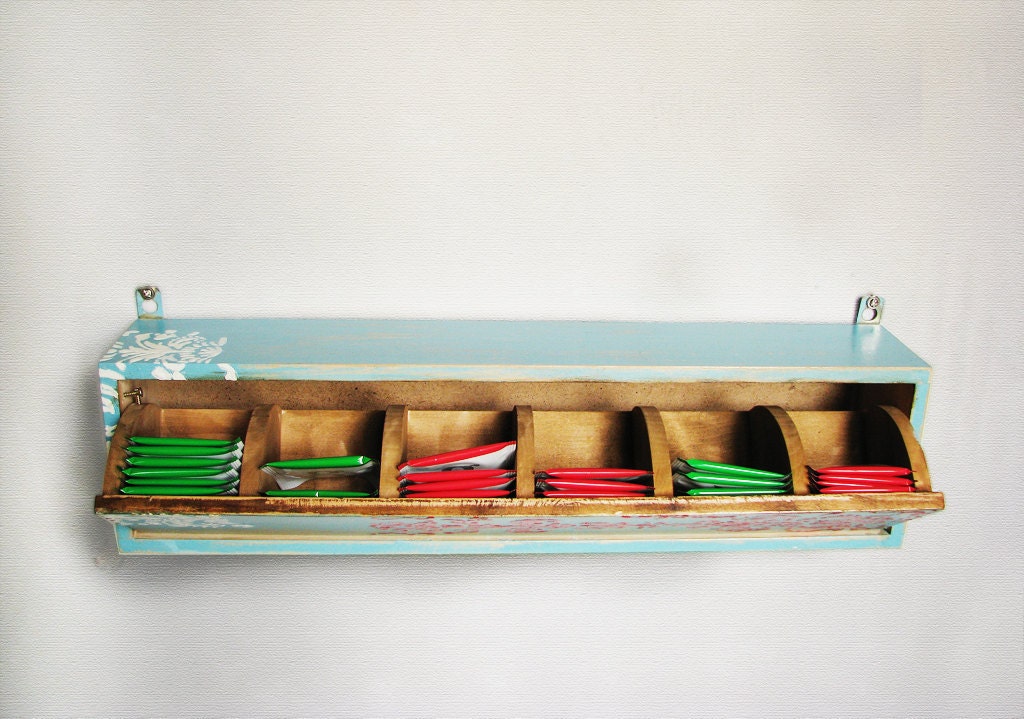 Dusk Blue Teabag holder  coral red, orange and teal, and ivory white, multisection, Summer must have, blue green