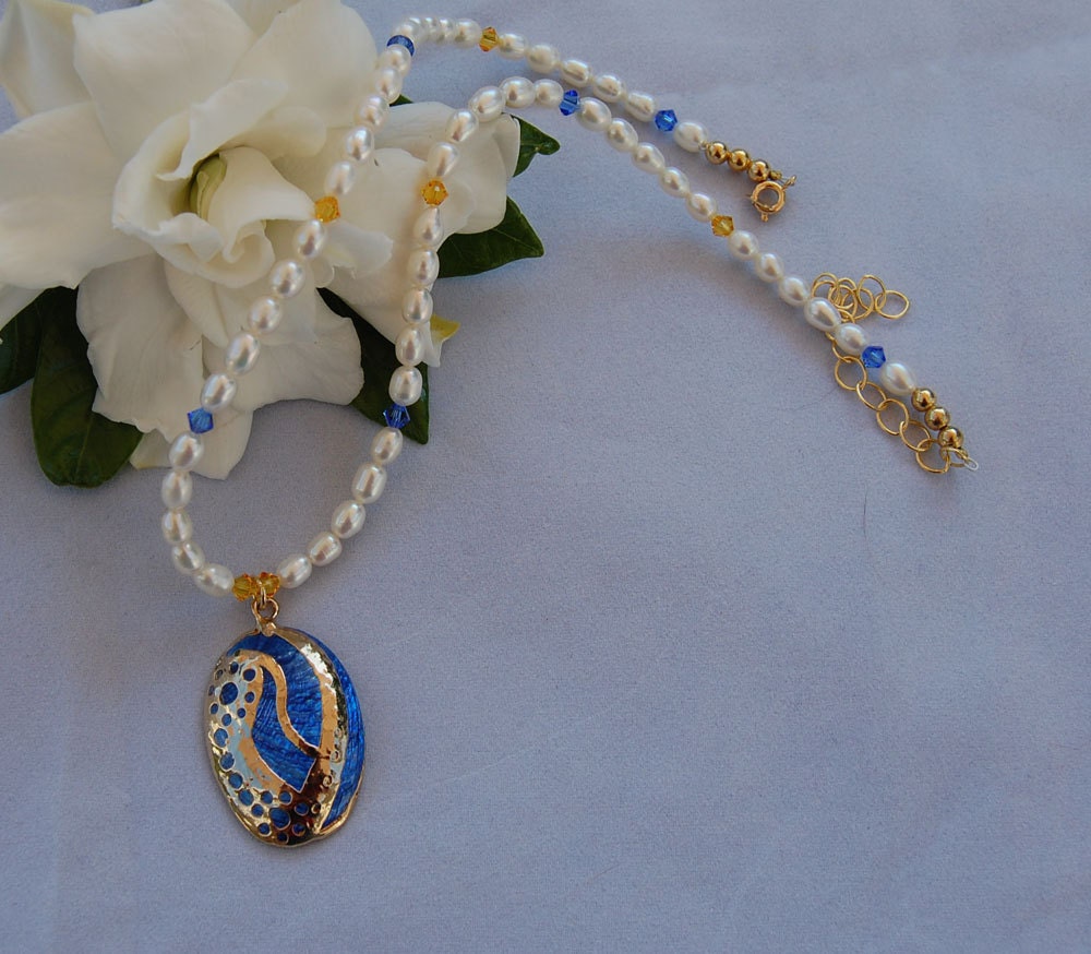 Shell, Pearl & Swarovski Crystal  Necklace - Statement - Pendant - June Birthday - Handmade - Original - Resort - Cruise - Vacation - Island