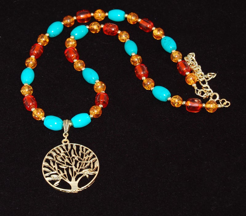 Amber & Turquoise Tree of Life Necklace - Statement Necklace - Pendant - Gemstone Necklace - December Birthstone