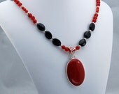Spanish Red Carnelian & Black Obsidian Pendant Statement  Necklace