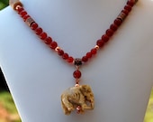 Republican Elephant and Red Carnelian Handmade Gemstone Necklace - ExoticTreasuresJewel