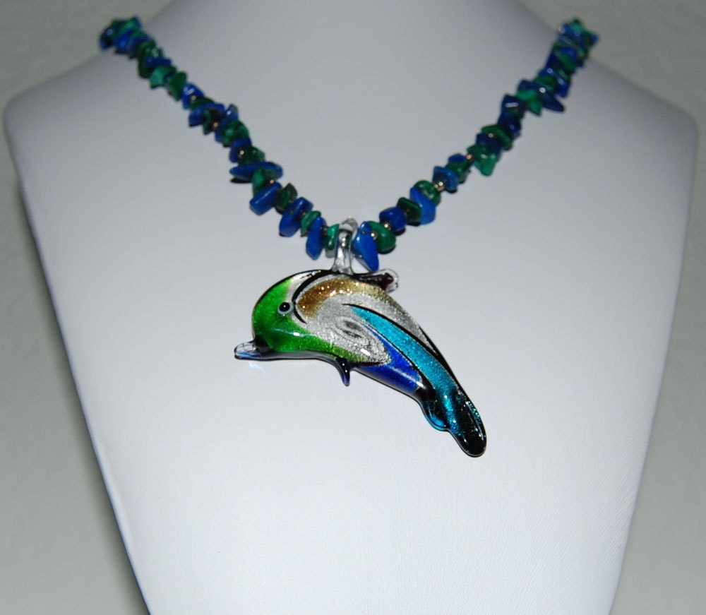 Dolphin, Lapis Lazuli & Malachite Handmade Necklace   - Free Gift Wrap
