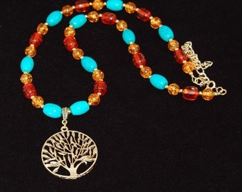 Amber & Turquoise Tree of Life Necklace - Statement Necklace - Pendant - Gemstone Necklace - December Birthstone