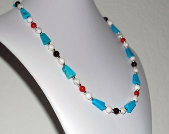 Turquoise, Coral, Onyx & White Howlite Necklace - Strand - Statement Necklace - December Birthstone - February Birthstone - Southwest