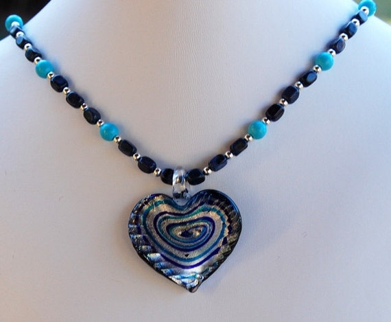 Turquoise and Dumortierite Handmade Necklace with Cobalt and Silver Glass Heart
