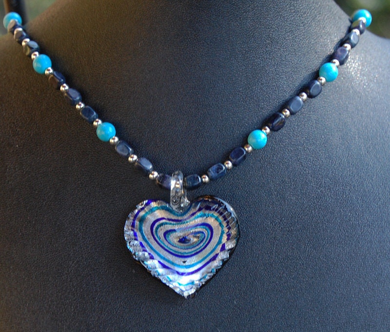 Turquoise and Dumortierite Handmade Necklace with Cobalt and Silver Glass Heart