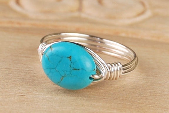 Wire Wrapped Ring- Sterling Silver Filled Wire with Tiny Turquoise Colored Oval Gemstone - Size 4, 5, 6, 7, 8, 9, 10, 11, 12, 13, 14