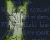 THE NIGHT MOTH, Fairy Art in Green & Deep Blue Tones with Mystical Poetry Background, Giclee Print for Decorating Adult or Child's Bedroom