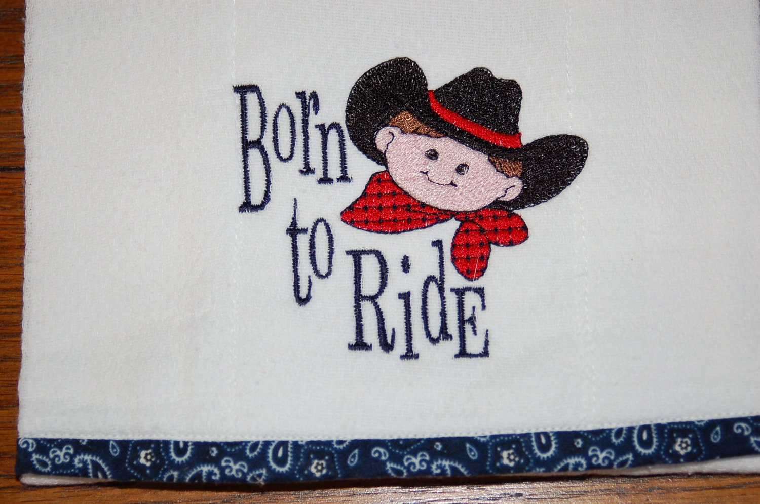 Burp Cloth with Embroidered Cowboy and Born To Ride Design with Blue Paisley Bandana Trim