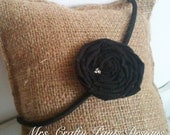 Fabric Flower Headband, Black Rosette with Rhinestones, Elastic