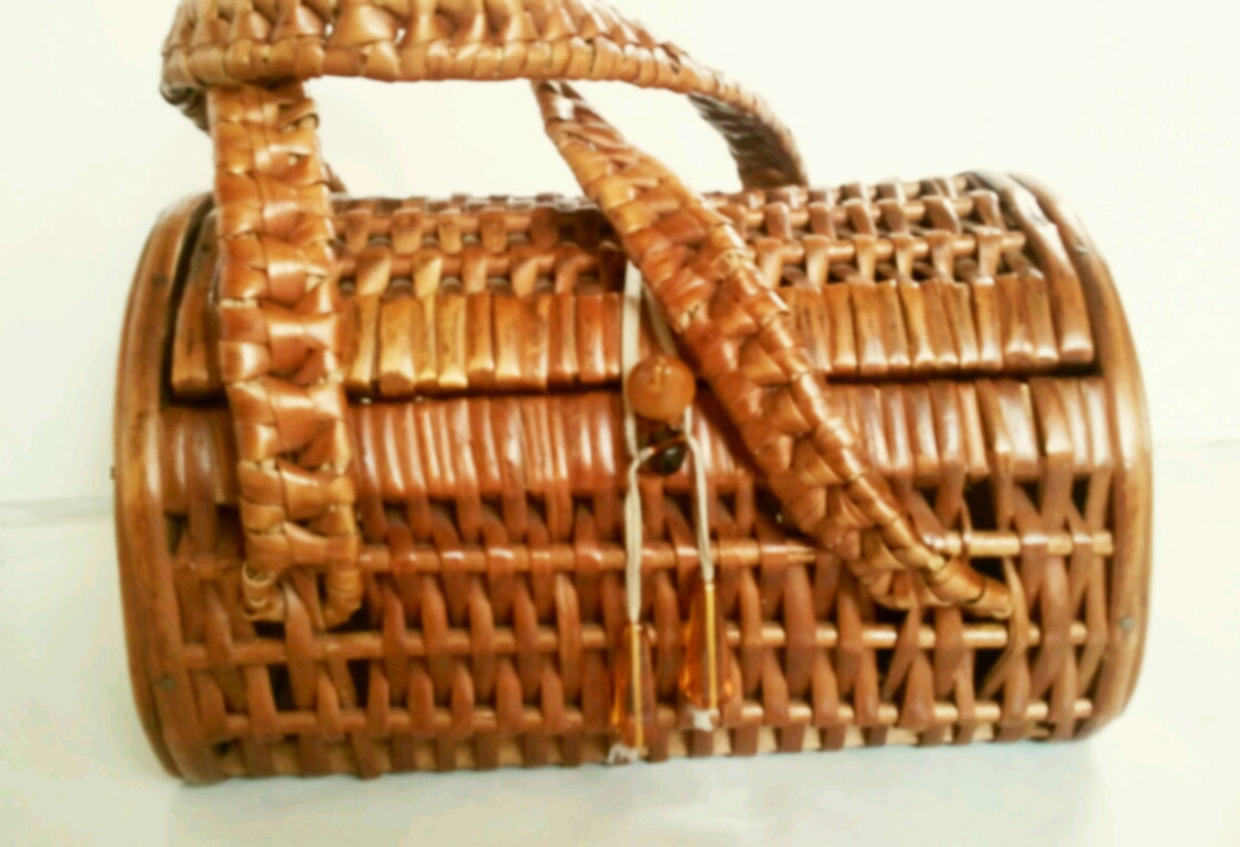 Vintage Wicker Basket Purse, Picnic Style, Handbag