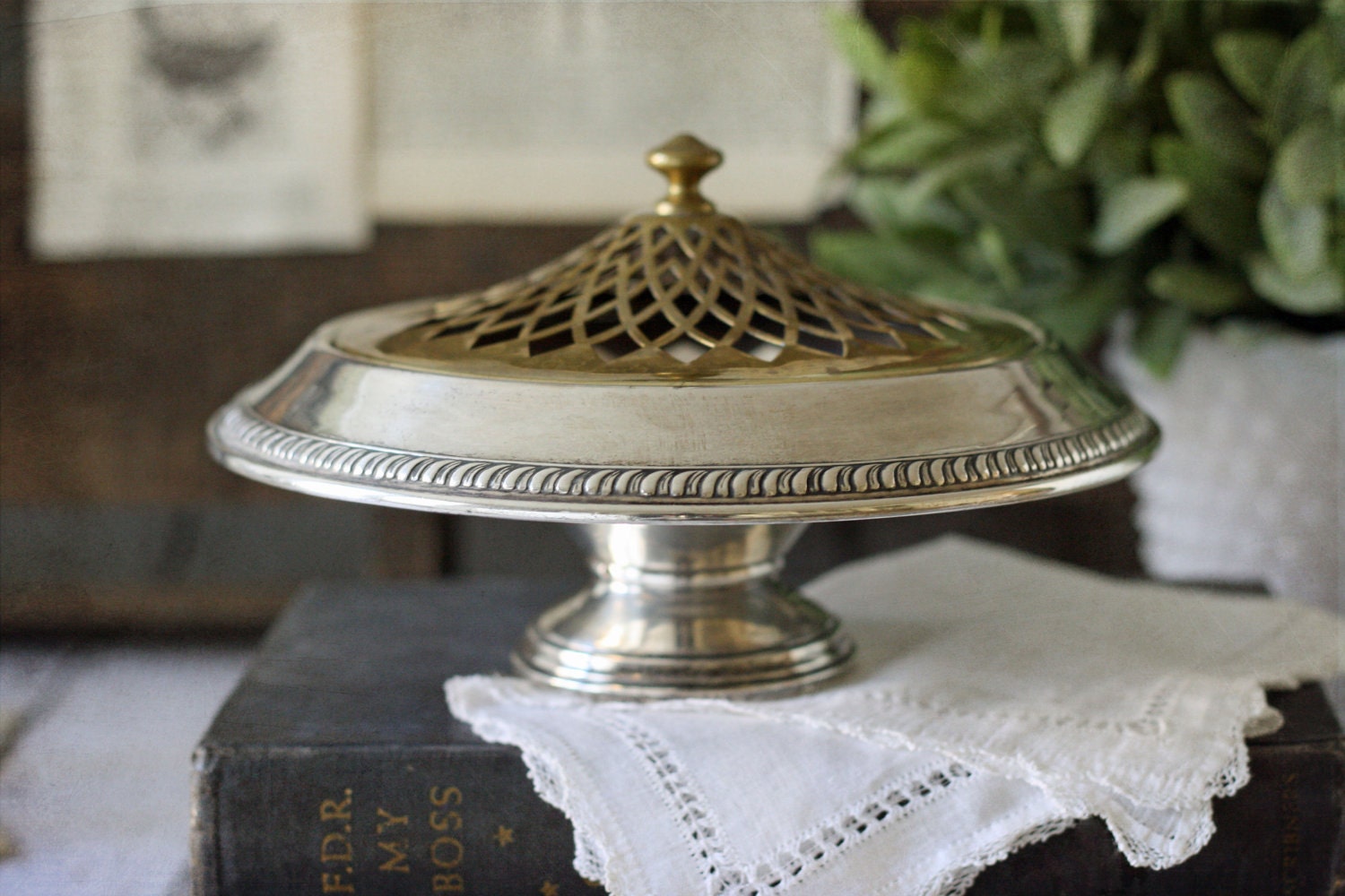 Vintage Sterling Silver & Brass Centerpiece/Floral frog arranger - Victorian style - Sterling Holloware by Elgin Silversmith Co.