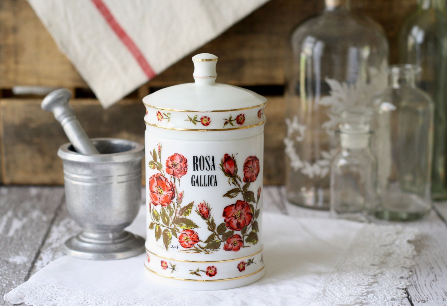 Vintage French Milk glass Apothecary Jar - Rose - Rosa Gallica by Verreries Brosse
