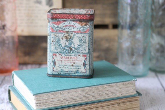 Antique French Tin - Malted Flour Tin - Teal and Pink - Very old and Rare - circa 1900's