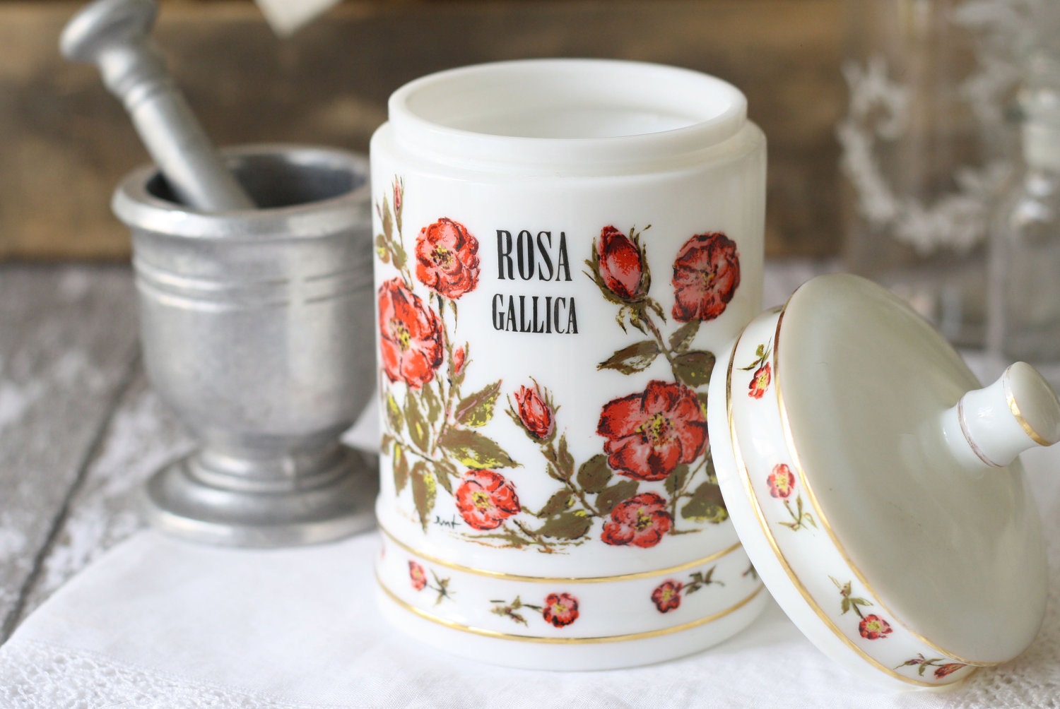 Vintage French Milk glass Apothecary Jar - Rose - Rosa Gallica by Verreries Brosse