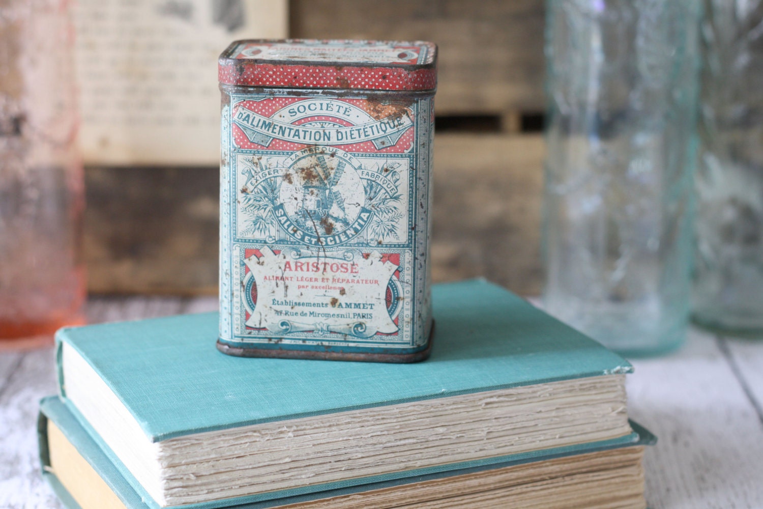 Antique French Tin - Malted Flour Tin - Teal and Pink - Very old and Rare - circa 1900's