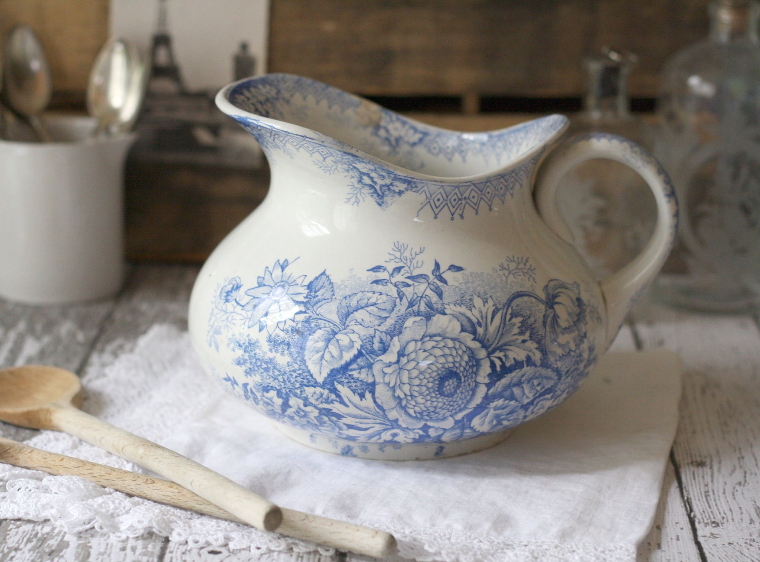 Antique French Blue Transferware Pitcher - Floral - Jardiniere - by Saint Amand - circa 1890's