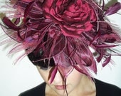 Raspberry Fascinator with  Silk Rose, Lily's and Peacock Feathers