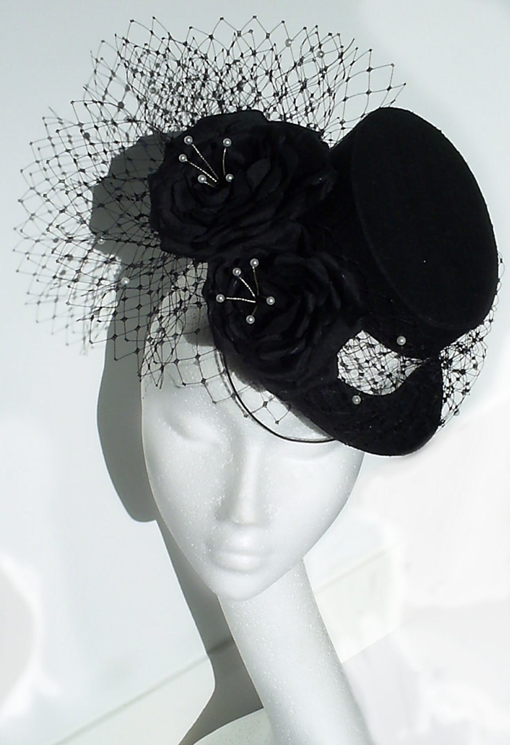Black Top Hat with Veil and Silk Roses